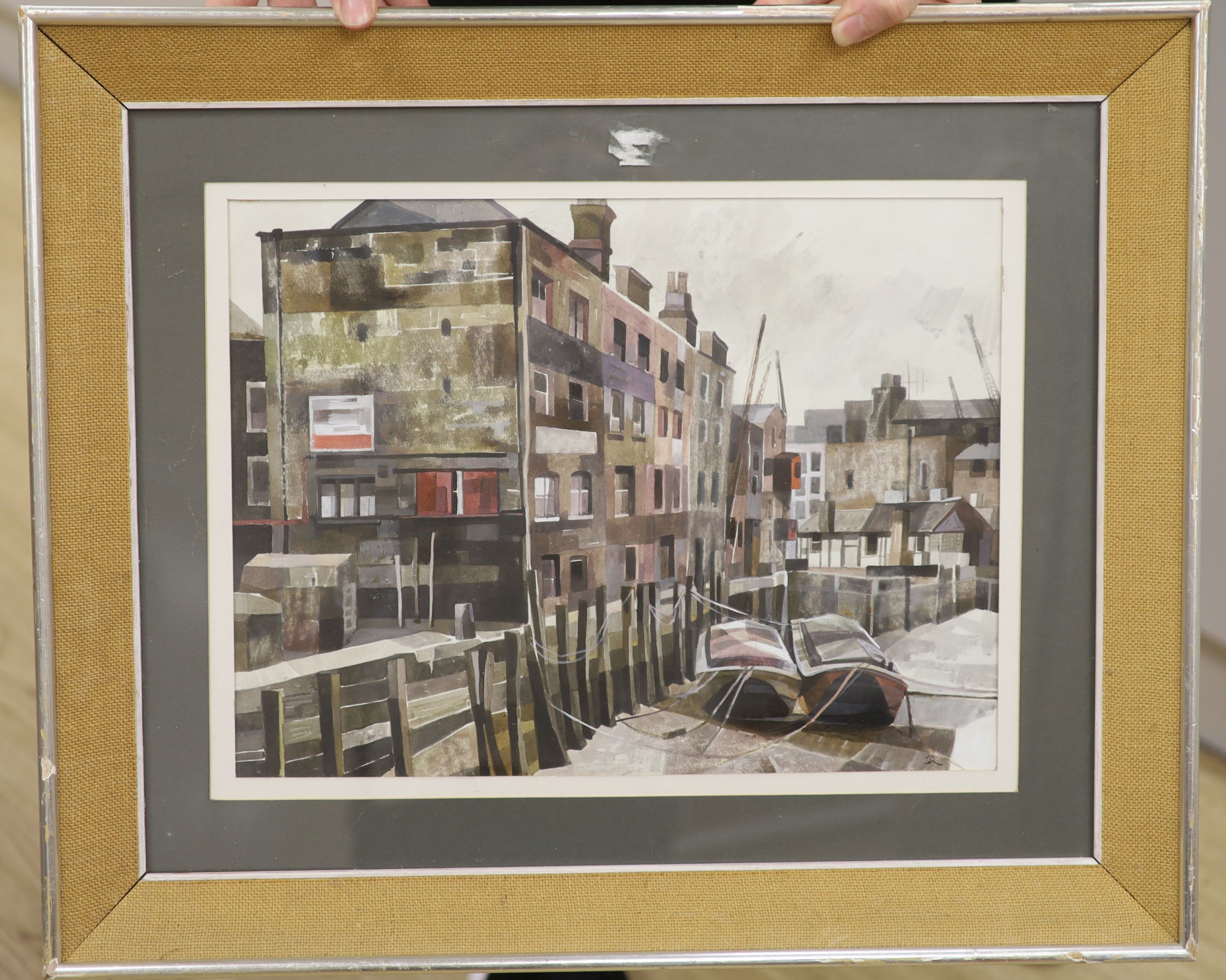 Sonia Robinson (b.1927), watercolour, Riverside near Rotherhithe, monogrammed, 30 x 40cm